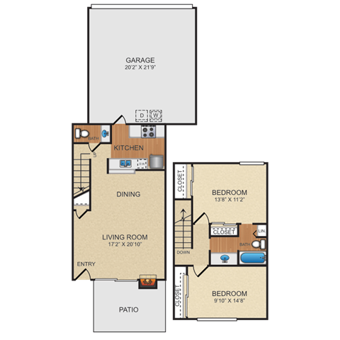 Floor plan for 2 beds, 1 bath, 1050 sqft